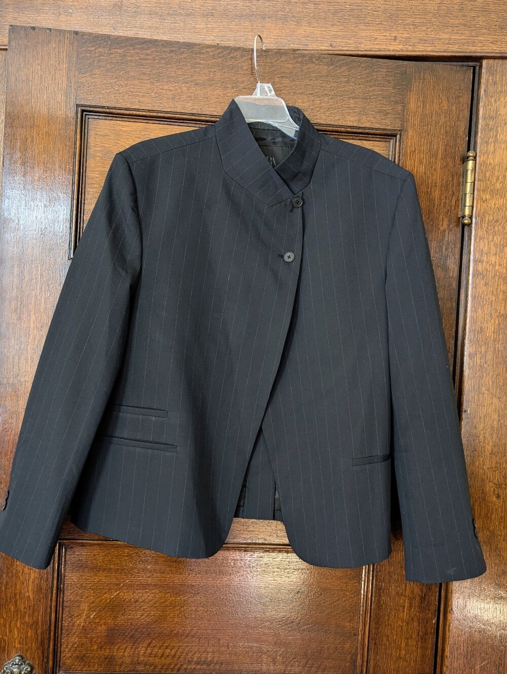 Zara Black Pinstripe Asymmetrical Blazer With Stand Collar, Size Large